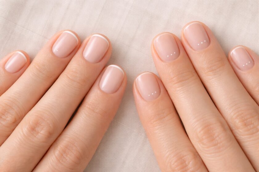 Nail art minimal con micro decorazioni su unghie corte