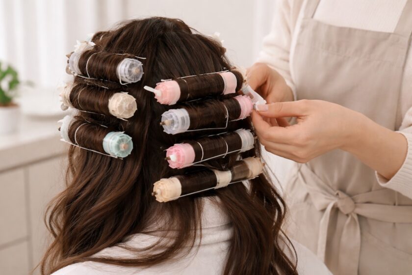 Tecnica in salone con bigodini per creare onde morbide stile permanente coreana