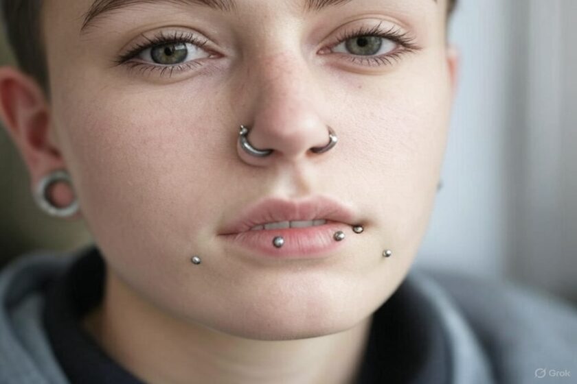 Primo piano di una persona con labret, medusa e snake bites piercing sulla bocca.