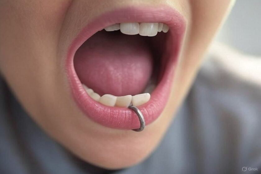 Problemi gengivali causati da un piercing sulla bocca, con infiammazione e recessione gengivale.