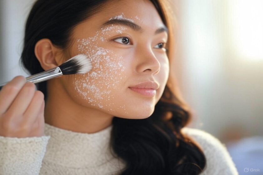 Primo piano di una donna che applica la polvere di riso sul viso con un pennello, evidenziando la texture fine del prodotto.