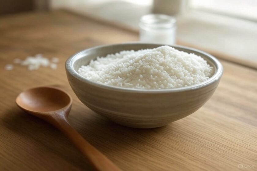 Ciotola di ceramica con polvere di riso e cucchiaio di legno, con chicchi di riso sullo sfondo sfocato.