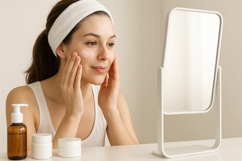 Donna che applica crema viso allo specchio durante la skin care, con prodotti cosmetici sul tavolo