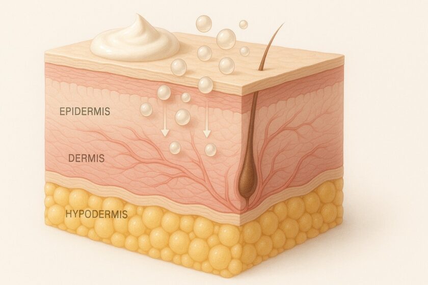 Assorbimento cutaneo dei cosmetici illustrato con strati della pelle e molecole penetranti