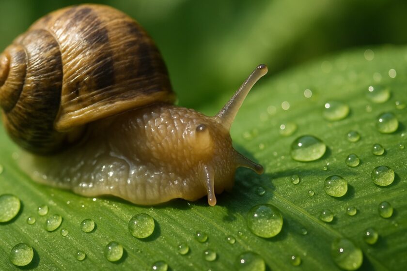 Lumaca su foglia verde con bava visibile