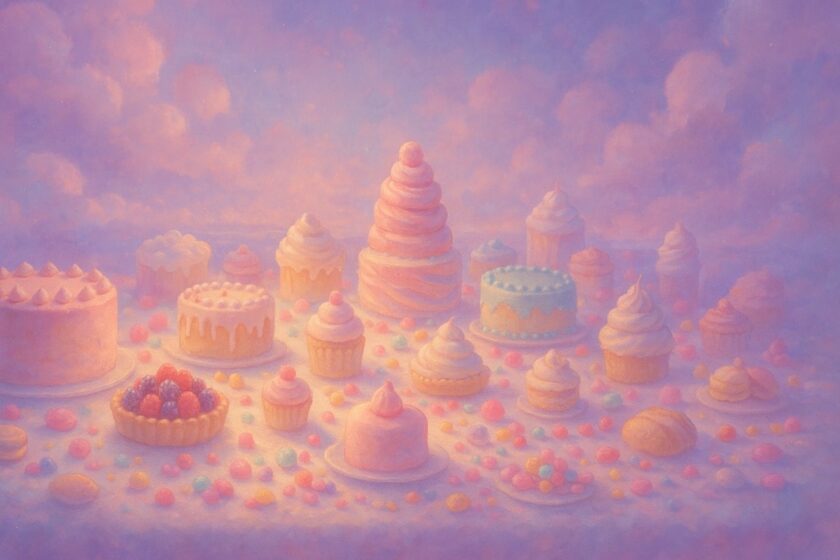 Tavola onirica piena di dolci in un paesaggio surreale e sognante