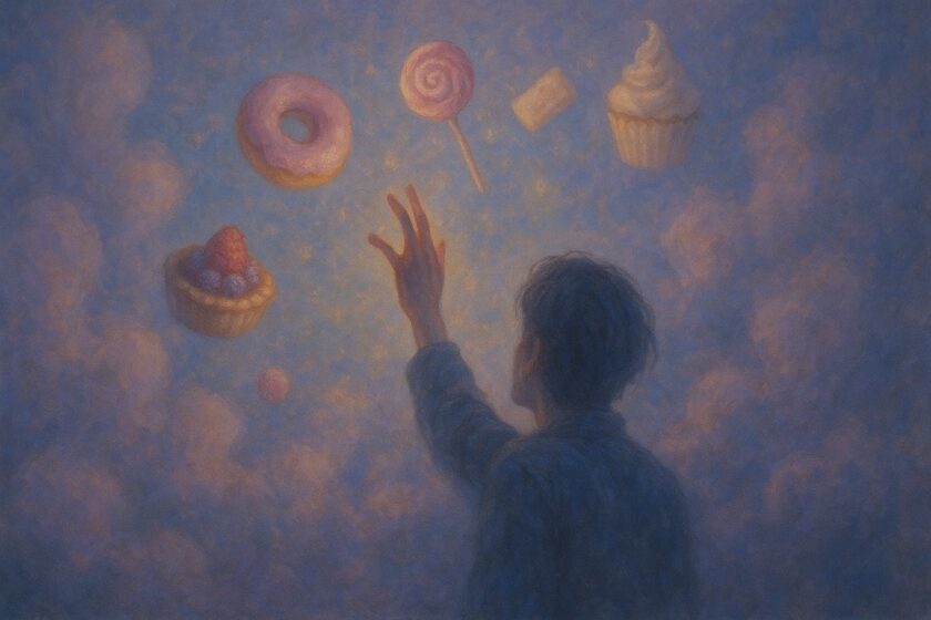 Figura onirica che afferra dolci fluttuanti tra le nuvole in un paesaggio surreale.