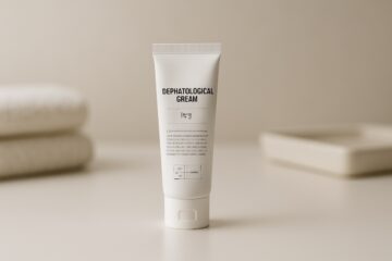 Tubetto di crema dermatologica su sfondo neutro con luce naturale
