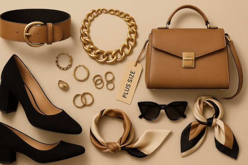 Cintura larga, scarpe eleganti, borsa e gioielli disposti su fondo neutro