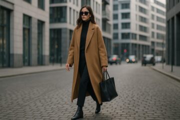 Donna elegante con cappotto oversize color camel in città, moda inverno 2025/26