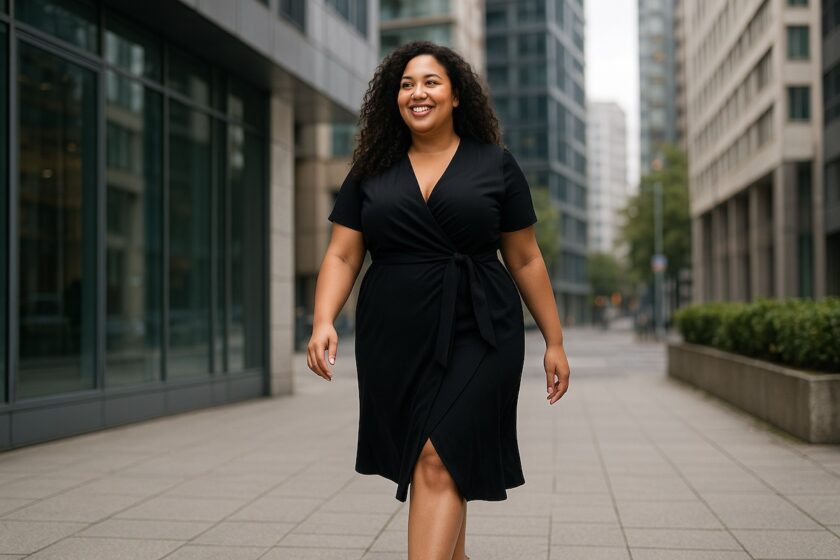 Donna curvy sorridente che cammina in città con abito elegante e scarpe con tacco