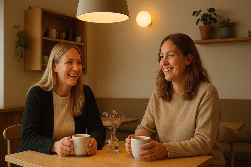 Due donne svedesi sorridenti che prendono un caffè in un ambiente nordico minimalista