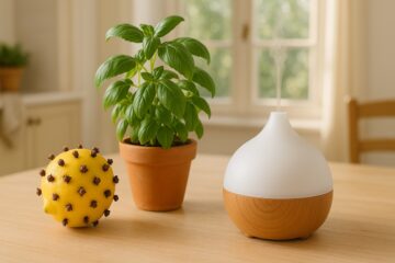 Limone con chiodi di garofano, pianta di basilico ed essenziale diffusore come rimedi naturali per allontanare i mosconi