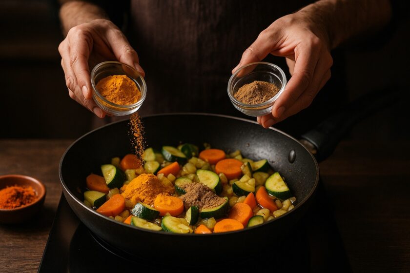 Mani che aggiungono curcuma e cumino in una padella di verdure durante la cottura