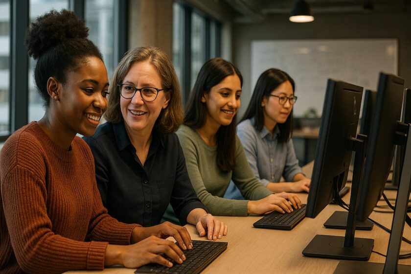 Gruppo di donne programmatrici che collaborano in un ufficio tecnologico moderno