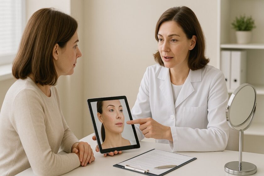 Medico estetico in consulenza con paziente mentre spiega il trattamento con fili estetici viso e i relativi costi