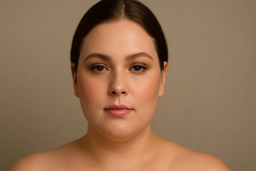 Donna con viso tondo truccata con make up correttivo, contouring leggero e blush in alto sugli zigomi.