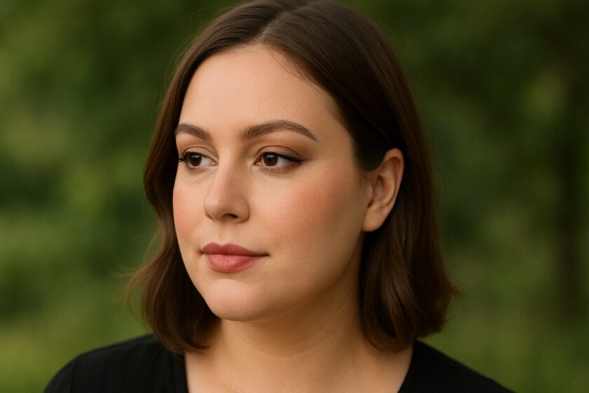 Donna con viso tondo truccata con make up correttivo, sopracciglia definite, occhi allungati e rossetto nude