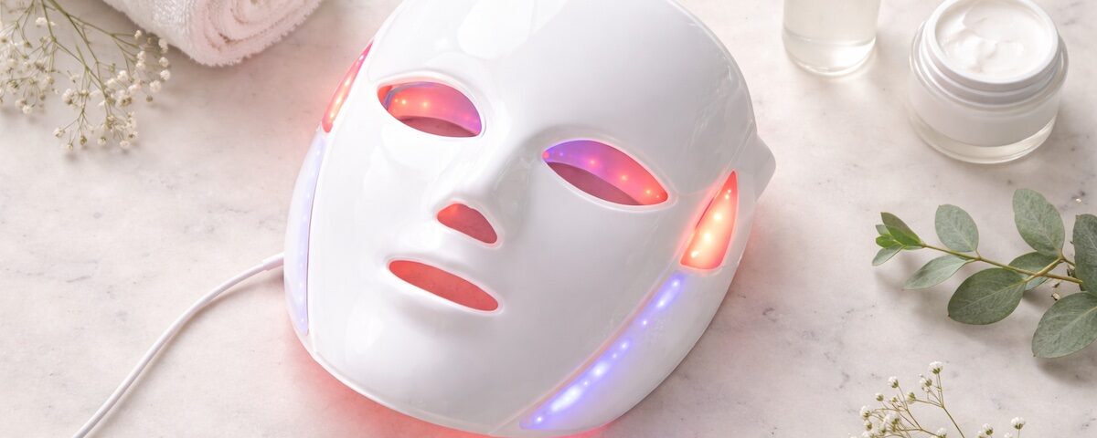 Maschera LED per il viso vista dall’alto accanto a siero e crema su un piano chiaro