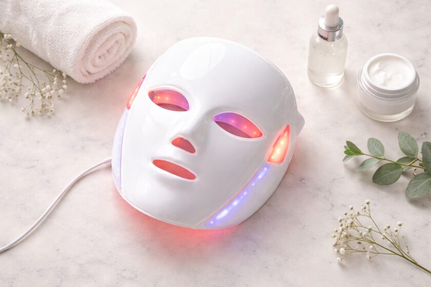 Maschera LED per il viso vista dall’alto accanto a siero e crema su un piano chiaro