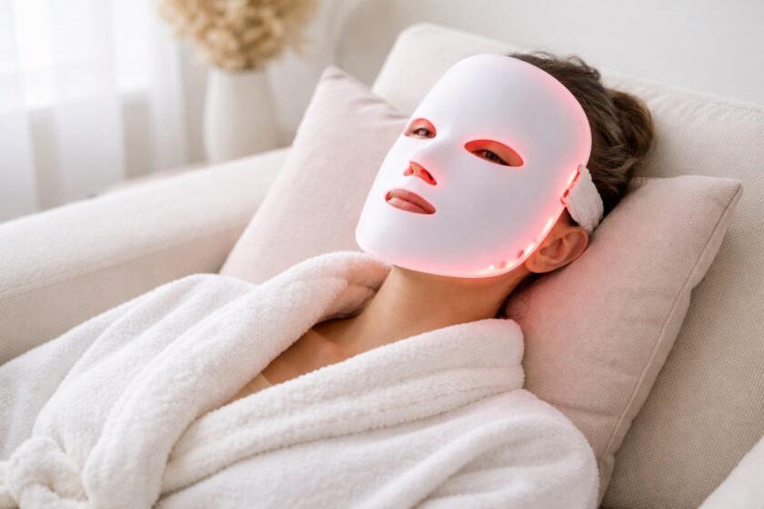 Donna sdraiata che indossa una maschera LED per il viso durante un trattamento skincare