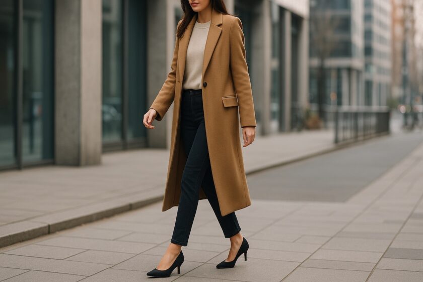 Donna che cammina in città in inverno con décolleté nere, jeans scuri e cappotto lungo color cammello