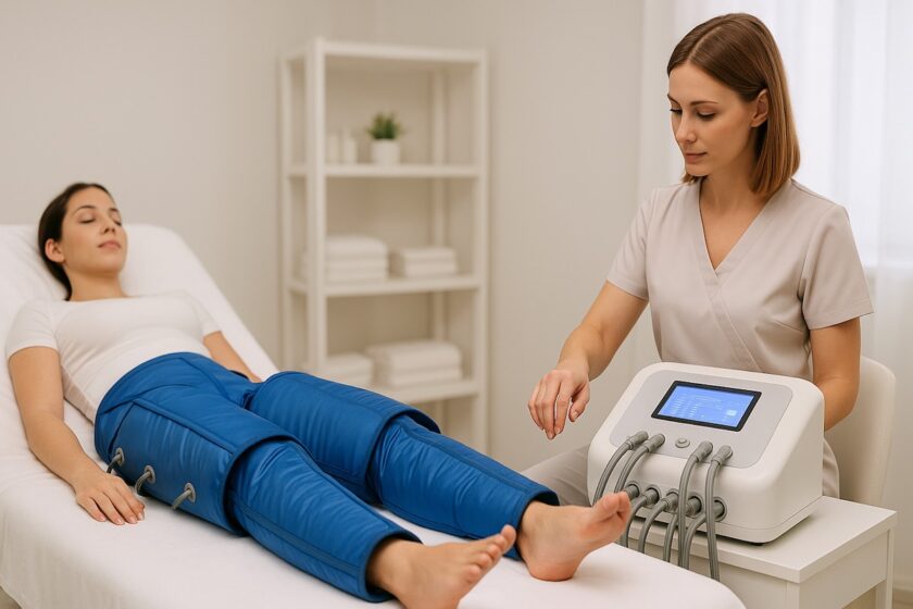 Donna sdraiata con gambali di pressoterapia per un trattamento corpo drenante dall’estetista