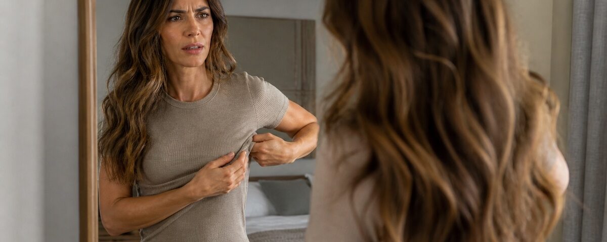 Donna davanti allo specchio verifica la vestibilità del reggiseno