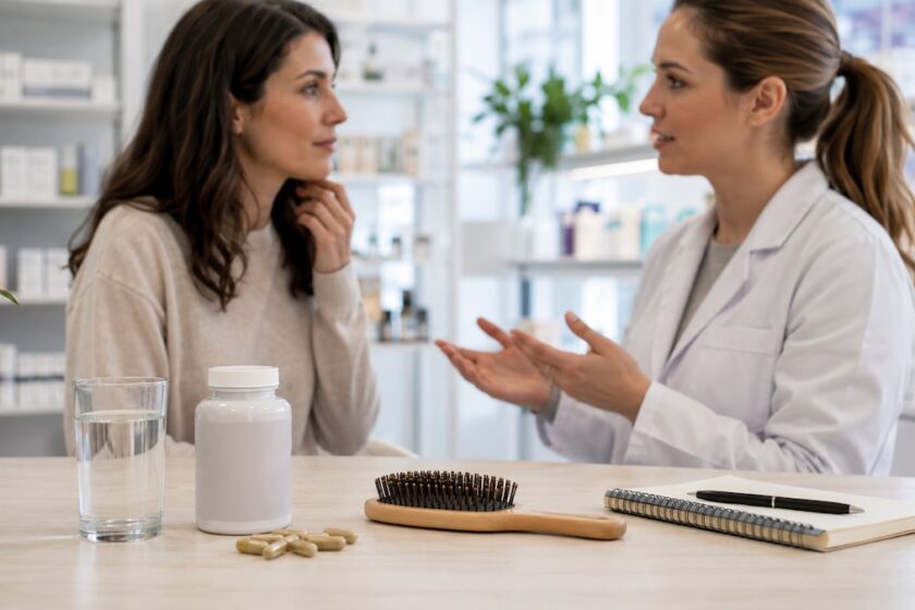 Integratore per capelli su un tavolo con donna che riceve un consiglio professionale sullo sfondo