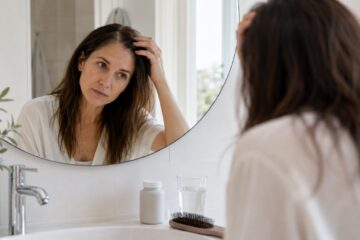 Donna davanti allo specchio mentre osserva i capelli e valuta un integratore per capelli