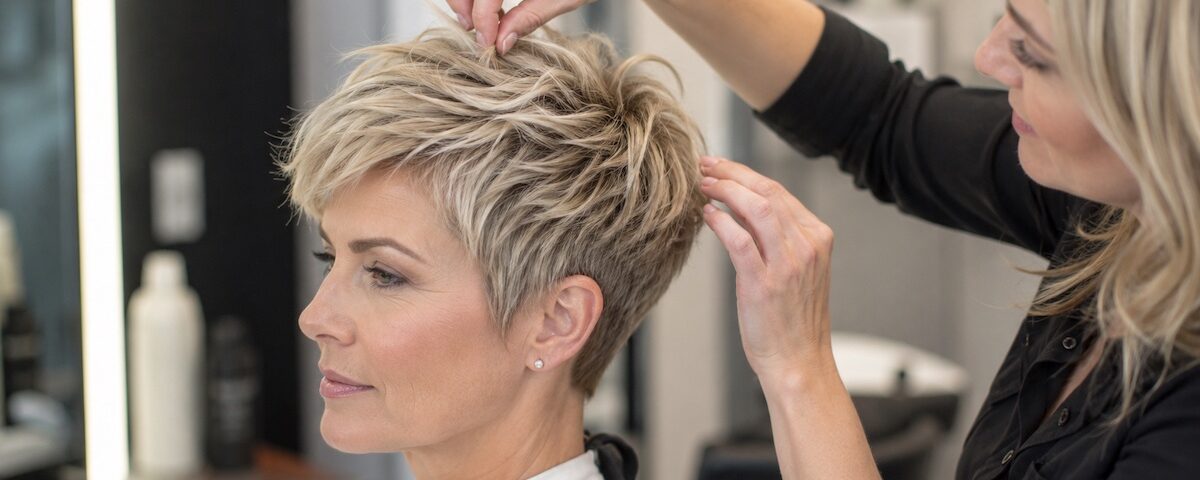 Parrucchiera che sistema capelli cortissimi spettinati a una donna in salone
