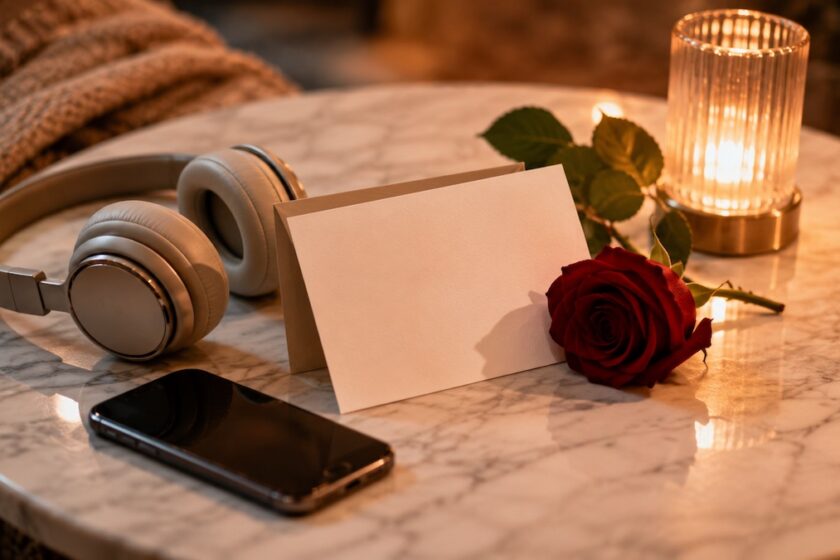 Biglietto romantico con cuffie e rosa su un tavolo elegante