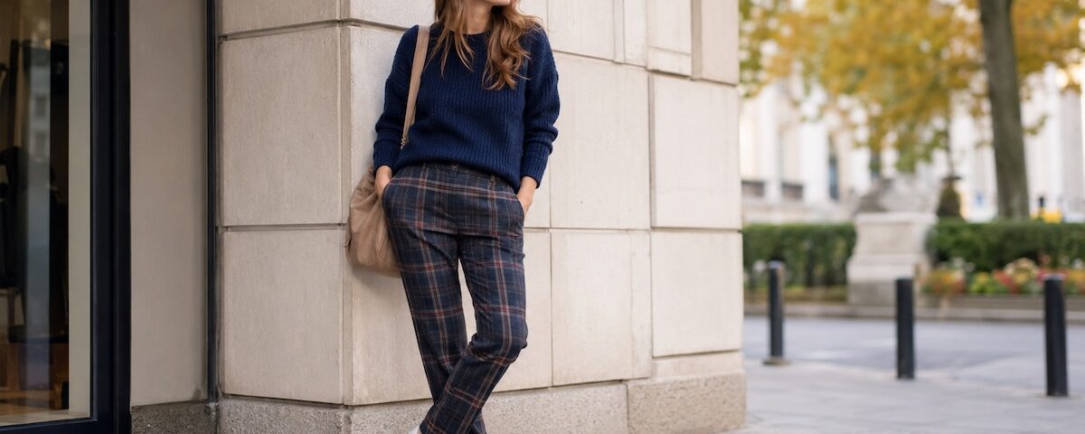 Donna con pantaloni tartan, maglione semplice e sneakers in un look casual