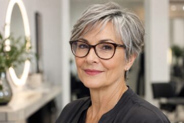 Donna over 60 con occhiali e taglio corto pixie morbido.