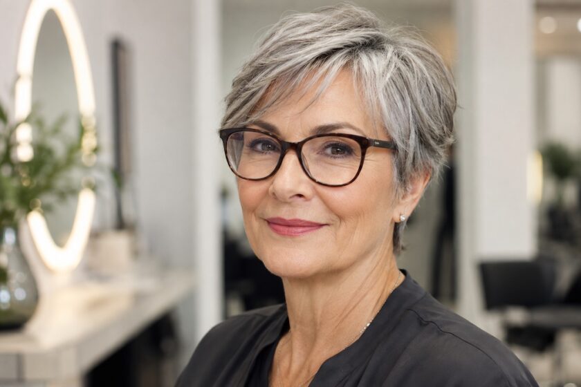 Donna over 60 con occhiali e taglio corto pixie morbido.