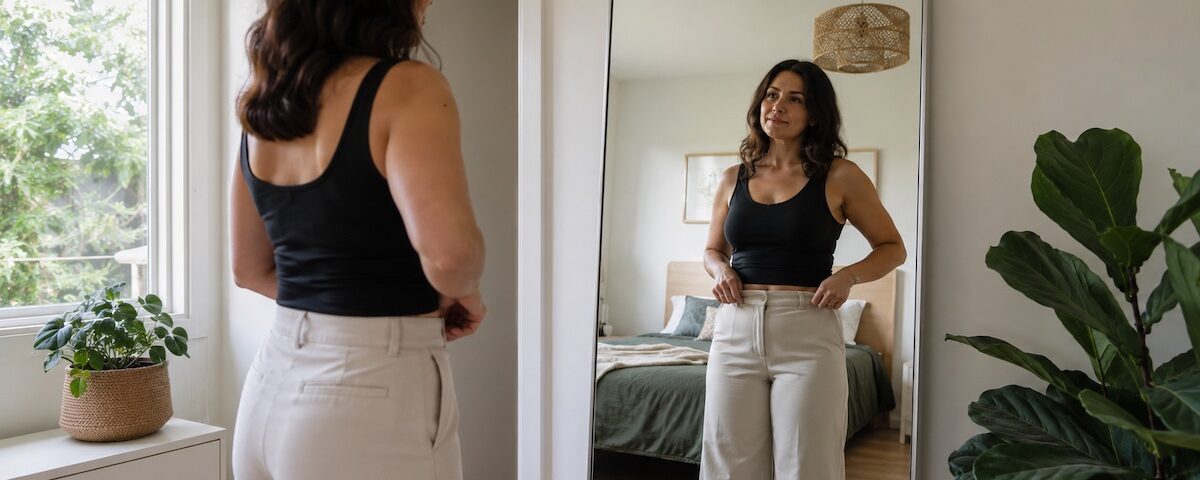Donna davanti allo specchio che osserva eventuali cambiamenti del corpo durante l’assunzione di Harmonet
