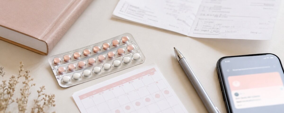 Confezione generica di pillola anticoncezionale accanto a ricetta medica e calendario