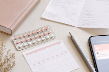 Confezione generica di pillola anticoncezionale accanto a ricetta medica e calendario
