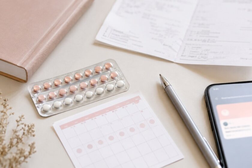 Confezione generica di pillola anticoncezionale accanto a ricetta medica e calendario