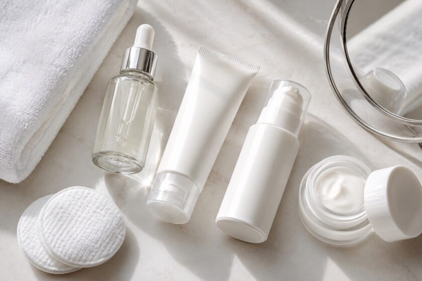Prodotti cosmetici per peeling casalingo con crema idratante e protezione solare