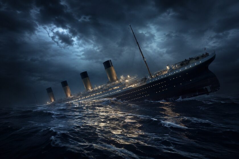 Grande nave che affonda tra le onde di un mare agitato durante una tempesta