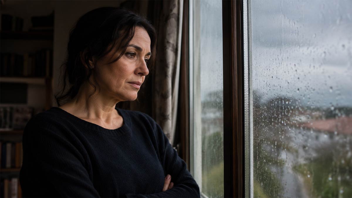 donna triste giornata piovosa