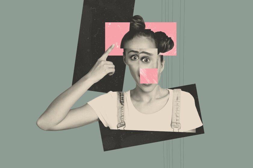 Collage creativo di una giovane donna che indica la testa, simbolo di pensiero e cambiamento