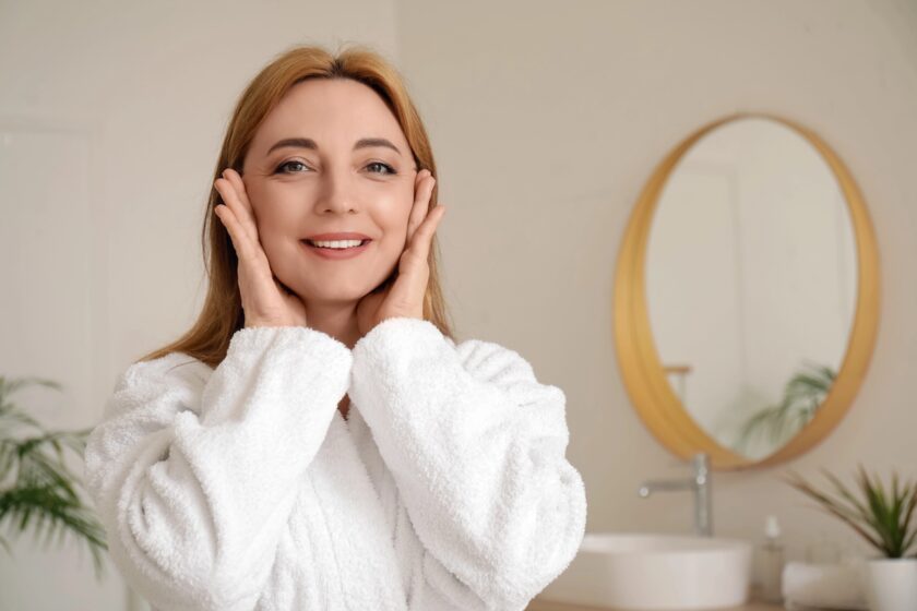Donna davanti allo specchio mentre esegue un delicato esercizio di yoga facciale sulle guance