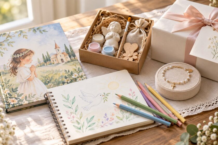 Libro illustrato, matite colorate e piccoli doni per la comunione